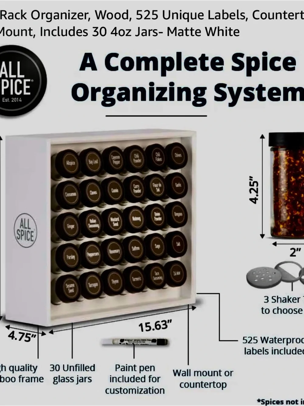 Matte White Magnetic Spice Rack Organizer with Black Lids - 30 Jars